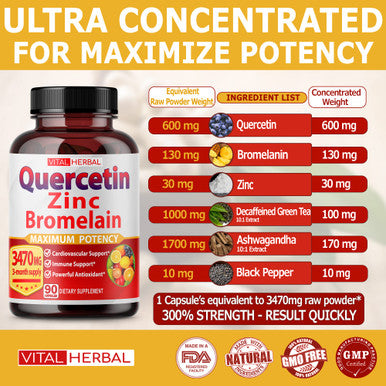 Premium High Purity Quercetin 98% with Bromelain Capsules Equivalent to 3470 mg - Maximum Potency with Green Tea Ashwagan - Supports Overall Health Strength Energy - 90 Days Supply