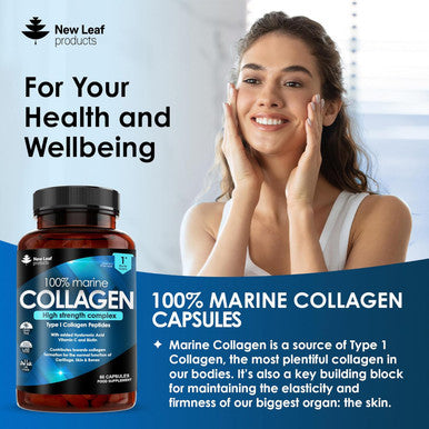 Pure Marine Collagen 100% Marine Collagen Type 1 Hydrolysed Collagen Peptides Enhanced With Hyaluronic Acid & Vitamin C -Essential Amino Acids - Collagen Supplements For Women And Men, 60 Capsules