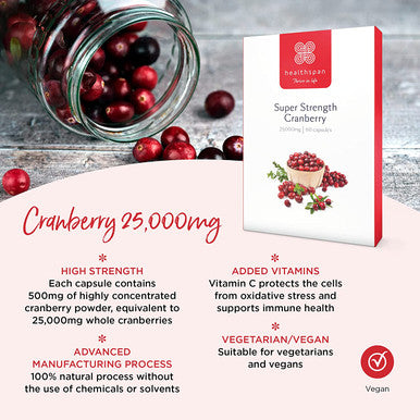 Healthspan Cranberry 25,000mg | 60 Capsules | Immune Health | 40mg Vitamin C | Equivalent to 25,000mg of Whole Fresh Cranberries | Vegan