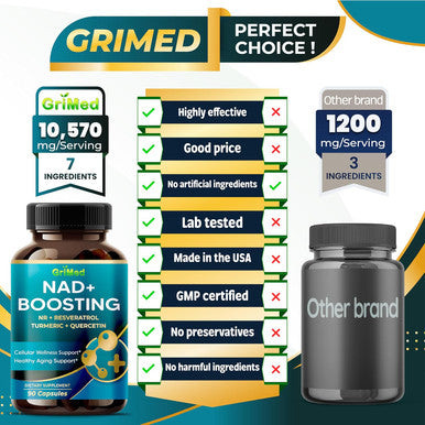 Grimed Nad + Boosting 16,550Mg- X12 Power With Nr + Resveratrol Turmeric + Quercetin - Cellular Energy, Cellular Repair, Healthy Aging - Usa Made & Tested (90 Count (Pack Of 1))