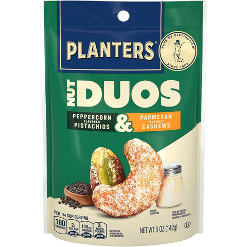 PLANTERS Nut Duos, Peppercorn Pistachios & Parmesan Cashews, Roasted, 5 Oz | Flavored Nuts. 0g Trans Fat. Plant Based Protein. Resealable Bag. Snacks for Adults. Party Mix, Party Snacks