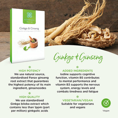 Healthspan Ginkgo & Ginseng | 120 Tablets | Ginkgo Biloba | Panax Ginseng Extracts | Iodine | Vitamin B3 | Vitamin B5 | Vegan