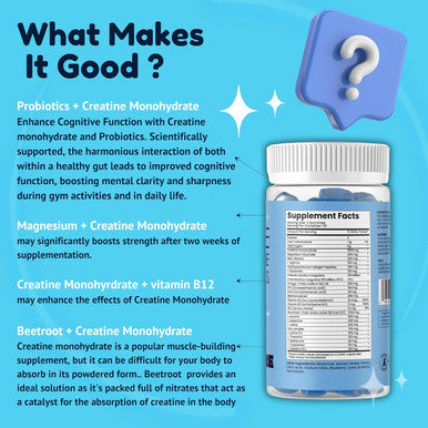 Creatine Monohydrate And Magnesium Gummies For Adults Beta Alanine, Collagen Peptides, L-Arginine, B Vitamins 60 Gummies