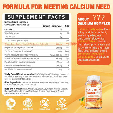 1000 Mg Calcium Citrate Supplement Gummies For Adults - Calcium Gummies With Vitamin D3, K2, Magnesium, Strontium For Women, Men - Support Calcium Absorption & Immune System