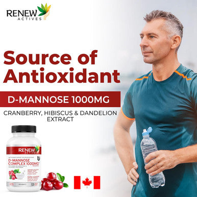 Renew Actives High Potency D-Mannose & Cranberry Complex 1000Mg With Premium Hibiscus, Dandelion Herb Extracts Antioxidant Support - No Artificial Flavours - Easy To Swallow Capsules