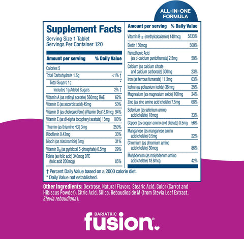 Bariatric Fusion Bariatric Multivitamin with Iron Complete Chewable Mixed Berry Post Bariatric Vitamins for Gastric Bypass and Sleeve Gastrectomy One Month Supply