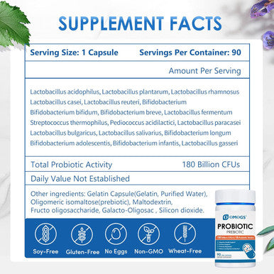 OMOGS Probiotics 90 Billion CFUs 18 Strains with 3 Organic Prebiotics and Vitamin C Nutritional Supplement for Women Men and Kids Support Metabolism Immunity and Digestive Health Non GMO 90 Tablets