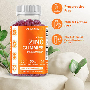 Vitamatic Zinc 50Mg Gummies - 60 Vegan Gummies - Gluten - Healthy Immune Support For Adults, Men, Women