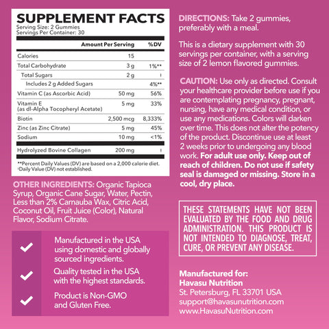 Havasu Nutrition Collagen Gummies For Women And Men With 2500Mcg Biotin Zinc Vitamin C & E - Hydrolyzed Collagen Gummies For Hair Skin & Nail Support - Biotin And Collagen Gummies - Lemon Flavor 30 Servings