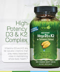 Irwin Naturals High Potency Mega D3 & K2 + Turmeric Extract 60 Liquid Softgels Healthy Bones & Immune Function