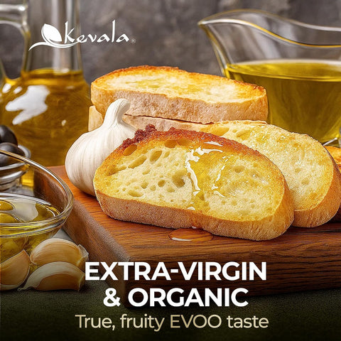 Kevala Extra Virgin Organic Olive Oil - Gluten-Free and Cholesterol-Free Oil Perfect for Frying and Cooking, Smooth Base for a Ranch Dressing, Cold Pressed and Unrefined, Bulk Size 128 oz