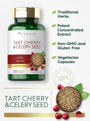 Carlyle Tart Cherry and Celery Seed Supplement | 200 Capsules | Vegetarian Non-GMO and Gluten