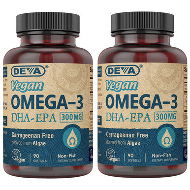 Deva Vegan DHA-EPA Nutritional Supplement, Non-Fish Derived from Algae, 300 mg Potency, 90 Vegetarian Softgels - Pack of 2