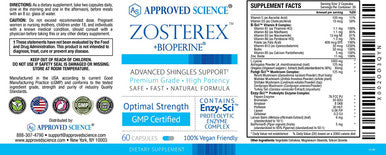 Approved Science Zosterex Shingles Support LLysine 1000 mg Vitamin B Blend Mushroom Blend 60 Capsules Vegan Made in The USA