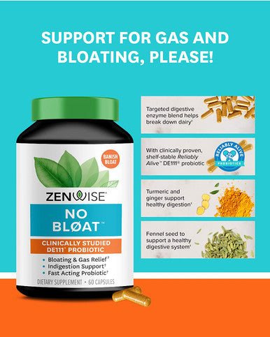 Zenwise No Bloat Supplement with Probiotics Turmeric and Digestive Enzymes Bloating and Gas Relief Ginger Dandelion and Cinnamon to Improve Digestion for Women Men Vegan Formula 60 Count