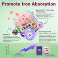 Vegan Iron Gummies Supplement - High Absorption Chelated Bisglycinate Iron With Vitamin C, B-Complex, Folate For Energy, Blood Builder Iron Filled Supplement For Adults & Kids - No After Taste, 60Cts
