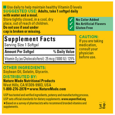 Nature Made Vitamin D3 1000 Iu (25 Mcg) Softgels 100 Count For Bone Health (Packaging May Vary)