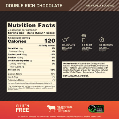 Optimum Nutrition (On) Gold Standard 100% Whey Protein Powder Primary Source Isolate 24 Grams Of Protein For Muscle Support And Recovery - Double Rich Chocolate 5 Lbs 74 Servings (2.27 Kg)