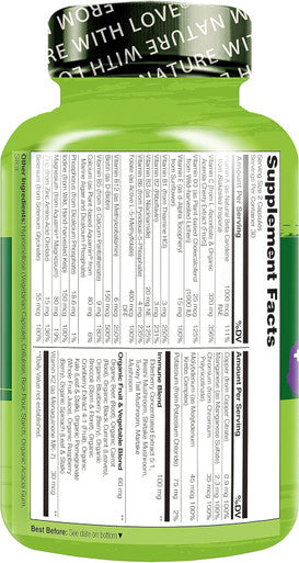 Naturelo Whole Food Multivitamin + Immune Blend With Elderberry & Mushrooms - Complete Multivitamin With Extra Immune Support - C, D3, Zinc, Elderberry, Reishi, Shitake - 60 Vegan Capsules