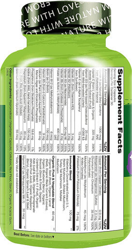 NATURELO Whole Food Multivitamin + Immune Blend with Elderberry & Mushrooms - Complete Multivitamin with Extra Immune Support - C , D3 , Zinc , Elderberry , Reishi , Shitake - 60 Vegan Capsules