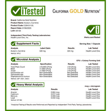 California Gold Nutrition Acetyl-L-Carnitine, 500 Mg, 60 Veggie Capsules