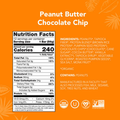 ALOHA Organic Plant Based Protein Bars |Peanut Butter Chocolate Chip | 1.98 Oz (Pack of 12) | Vegan Low Sugar Gluten Free Paleo Low Carb Non-GMO Stevia Free Soy Free No Sugar Alcohols