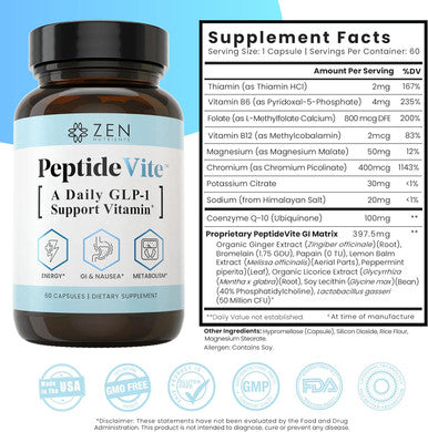 Zen Nutrients Peptidevite Glp-1 Support Vitamin For Gut Health With Probiotics, Bromelain, Chromium Picolinate & Organic Ginger (60 Capsules)