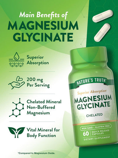 Nature'S Truth Magnesium Glycinate Capsules 200Mg 60 Count Chelated Superior Absorption Formula Non-Gmo & Gluten Supplement