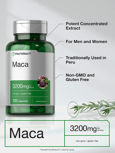 Maca Root Capsules 120 Pills High Potency Extract for Men and Women Non GMO and Gluten Free Formula by Horbaach