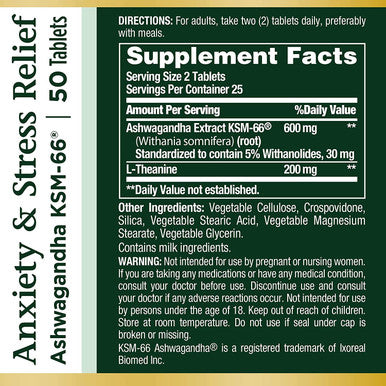 Nature's Bounty Anxiety & Stress Relief Ashwagandha Ksm-66 Tablets 50 Count