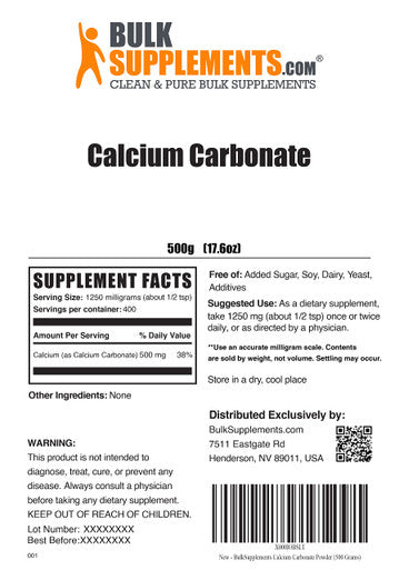 BulkSupplements Calcium Carbonate Powder - Calcium Supplements for Bone Health - Unflavored - 1250mg (500mg of Calcium) , 400 Servings (500 Grams - 1.1 lbs)