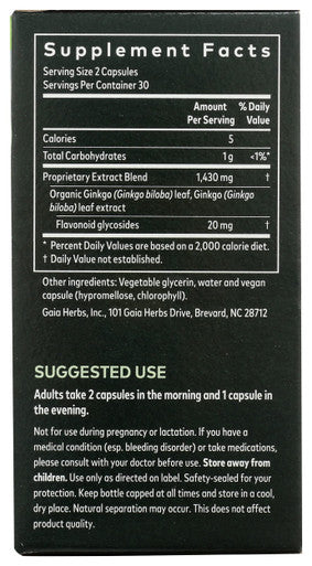 Gaia Herbs Ginkgo Leaf - Traditionally Used to Support Healthy Circulation and Brain Function - Organic, Herbal Supplement - 60 Vegan Liquid Phyto-Capsules (20-Day Supply)