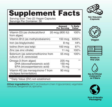 Wholier Plant Based Multivitamin Vegan Omega-3 Dha Epa, Vitamin D, Vitamin B12, Zinc, Vitamin K2, Iron, Iodine, Selenium. 60 Count (30-Day Supply) Glass Bottle