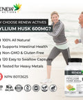 Renew Actives Psyllium Husk Capsules - Bulk-Forming Laxative - Soluble Fiber Supplement For Adult Health & Well-Being - Pure Ingredients, 120 Capsules