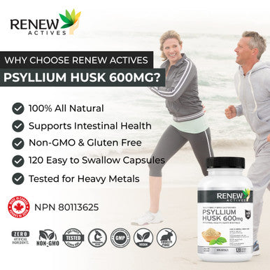 Renew Actives Psyllium Husk Capsules - Bulk-Forming Laxative - Soluble Fiber Supplement For Adult Health & Well-Being - Pure Ingredients, 120 Capsules