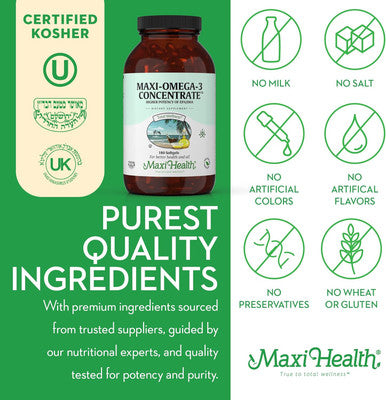 Maxi Health Omega 3 Supplement - Omega-3 Fish Oil Concentrate - Higher Potency Source of EPA/DHA Fatty Acids - Heart Brain & Joint Health - Kosher Wild Caught Marine Fish - 180 Vegetarian Softgels