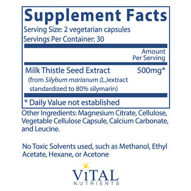 Vital Nutrients Milk Thistle Extract Supports Healthy Liver Function and Detoxification 60 Vegetarian Capsules per Bottle 250 mg