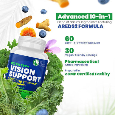 DR VITAMIN SOLUTIONS Vision Support Eye Vitamins For Macular Health Supplements With Lutein, Zinc, Vitamin A & Bilberry Areds 2 Formula (1 Bottle, 60 Capsules)