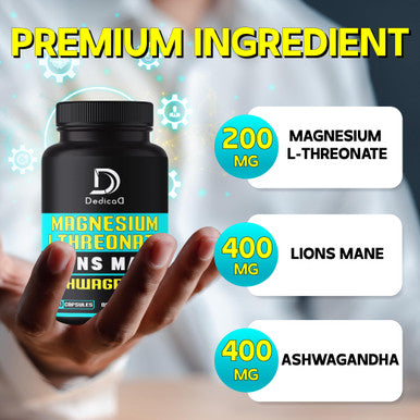 Dedicad Magnesium L-Threonate Capsules With Lions Mane Mushroom & Ashwagandha Root - 210 Capsules - 1000Mg Per Serving