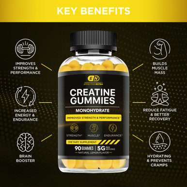 Creatine Monohydrate Gummies 5g - Vegan Creatine Gummies for Men & Women - Creatine Chews for Strength, Muscle, Energy, Endurance - Natural Lemon Flavor (90ct)