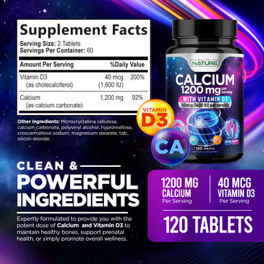 Built Nature Calcium 1200Mg With Vitamin D3 For Best Absorption - Advanced Bone Support Supplement, 1200 Mg Calcium Carbonate & 1600 Iu Vitamin D3, Slow Release For Immune Support, Easy To Swallow, 120 Tablets