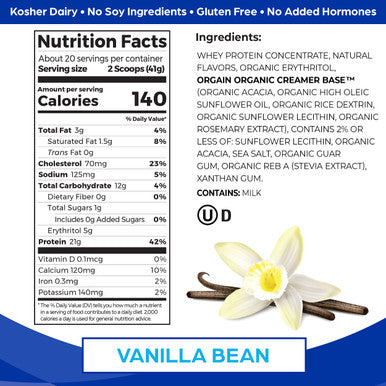 Orgain Grass Fed Whey Protein Powder, Vanilla Bean - 21g of Protein, Low Net Carbs, Gluten Free, Soy Free, No Sugar Added, Kosher, Non-GMO, 1.82 Lb (Packaging May Vary)