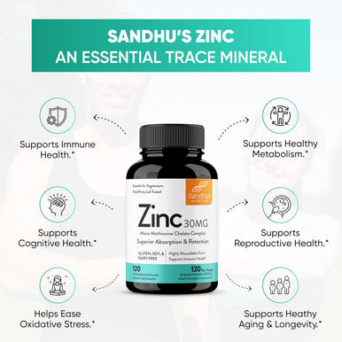 Sandhu'S Zinc 30Mg 120 Count Supplement4 Months SupplyMade In The Usa Immune & Antioxidant Support High Potency & Superior Absorption Capsules