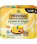 Twinings Lemon & Ginger, Caffeine-Free Herbal Tea Bags, 100 CT Box (1 Pack) | Spicy & Tangy, Ginger, Lemon Peel, Lemongrass, Blackberry Leaves, Soothe Digestion, 100 Foil Lined Individually Wrapped Bags