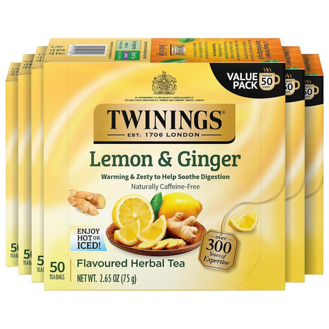 Twinings Lemon & Ginger, Caffeine-Free Herbal Tea Bags, 100 CT Box (1 Pack) | Spicy & Tangy, Ginger, Lemon Peel, Lemongrass, Blackberry Leaves, Soothe Digestion, 100 Foil Lined Individually Wrapped Bags