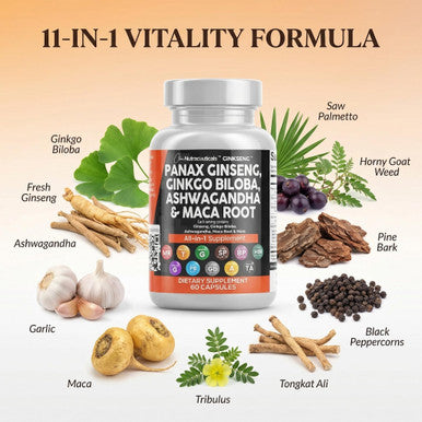 Clean Nutraceuticals Panax Ginseng Ginkgo Biloba Ashwagandha Maca Root 60 Caps