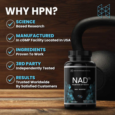 Hpn Supplements Nad3 Nad+ Booster Size 2 Month Supply Clinically Proven & Independently Tested - Metabolic Repair 312 Mg/ Serving - 120 Capsules