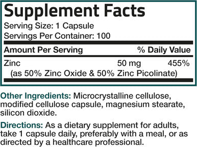 Bronson Zinc 50Mg Complex (Zinc Oxide 50% & Zinc Picolinate 50%) High Potency Immune Support Supplement & Antioxidant And Skin Health - Non Gmo, 100 Vegetarian Capsules
