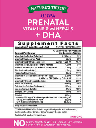Nature's Truth Prenatal Vitamins with DHA and Folic Acid Softgels, Non GMO & Gluten , 60 Count