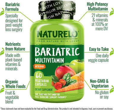 Naturelo Bariatric Multivitamin - One Daily With Iron - Supplement For Post Gastric Bypass Surgery Patients - Natural Whole Food Nutrition - 60 Veggie Capsules